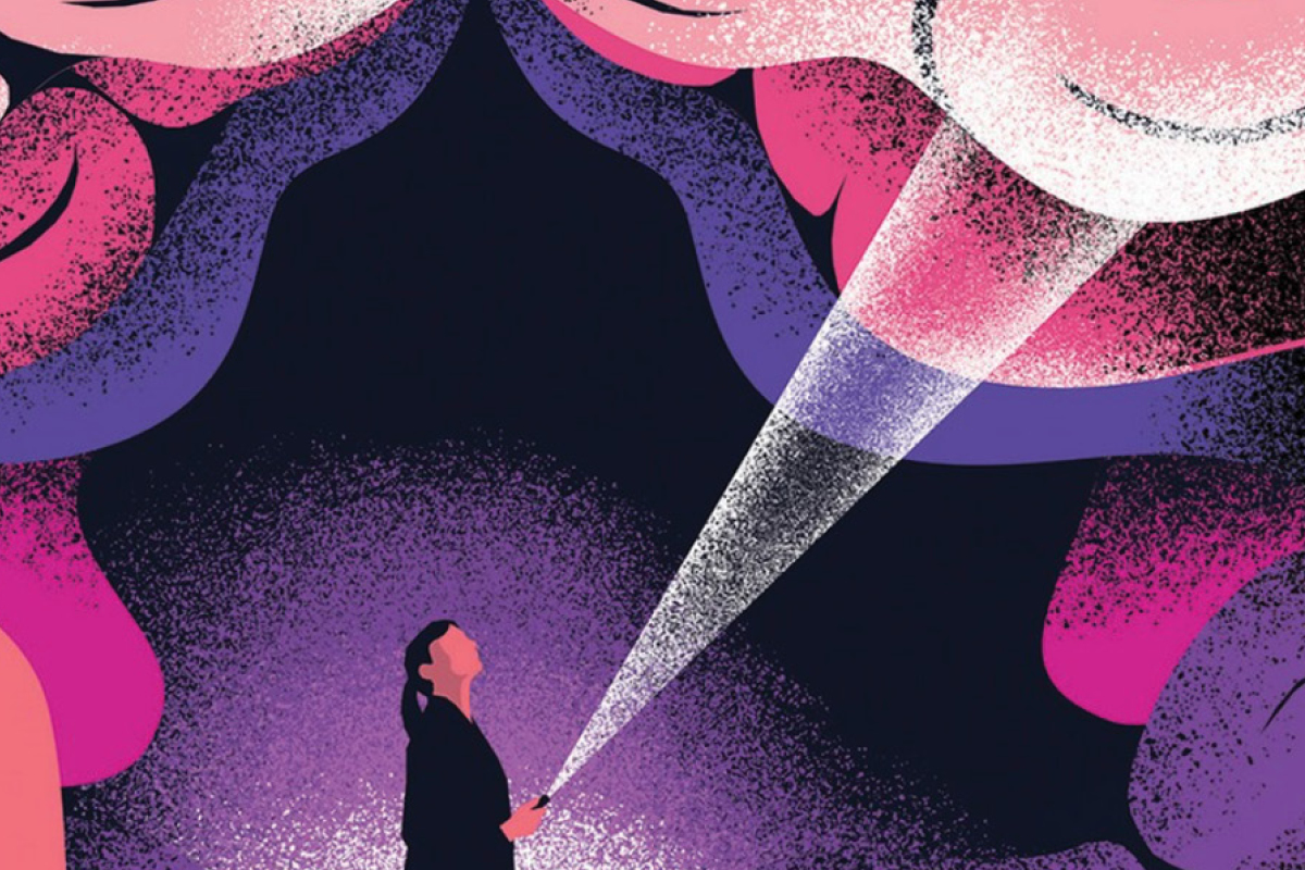 Woman searching with flashlight